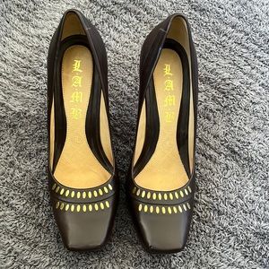 L.A.M.B. By Gwen Stefani Brown and Gold Square Toe Platform Heels. Size 7.5